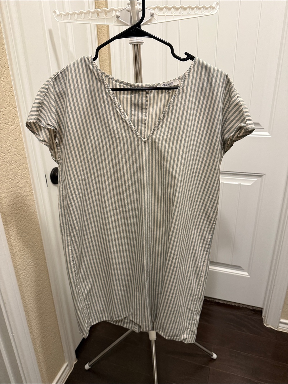 Madewell Striped V-Neck Midi Dress - Sage/Gray & Cream
